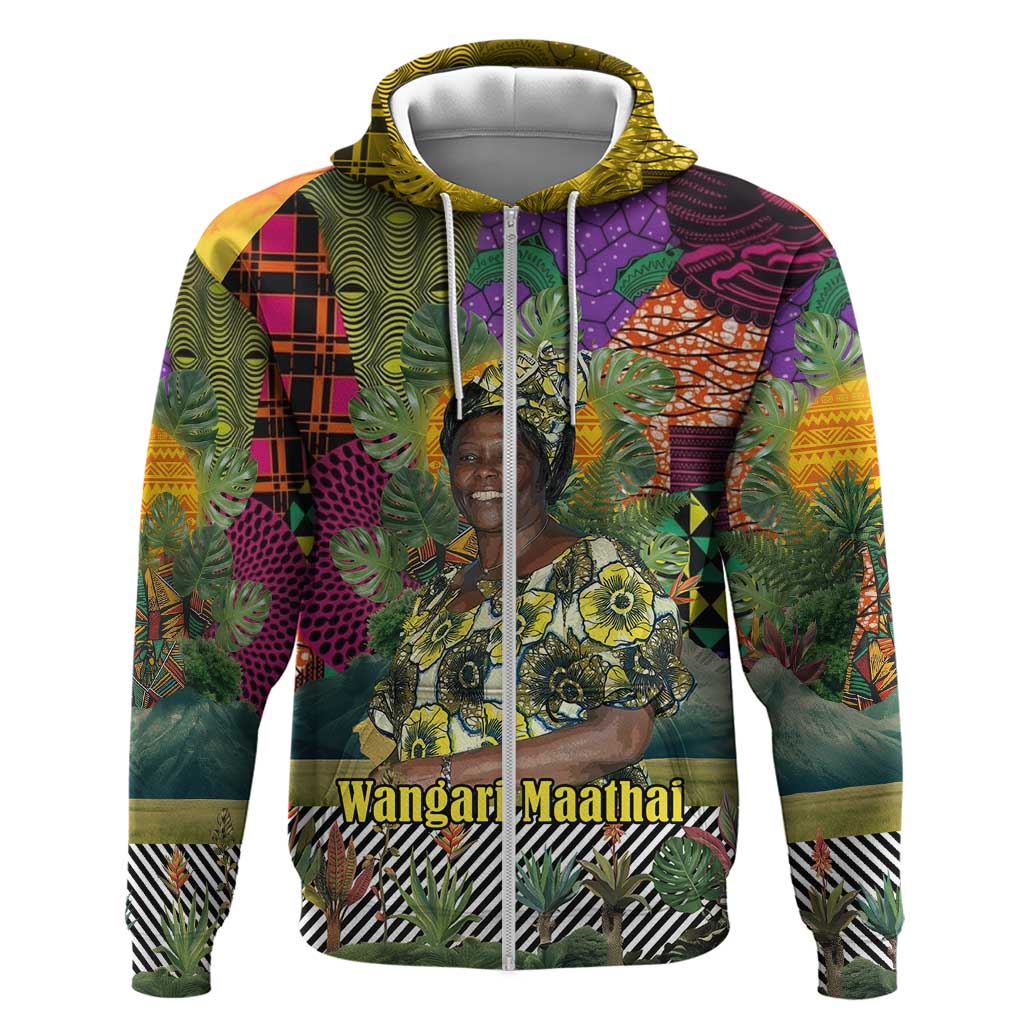 Wangari Maathai Zip Hoodie Colorful Nature-Inspired Design Empowerment Quote African Print Environmental - African Pride