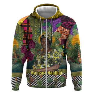 Wangari Maathai Zip Hoodie Colorful Nature-Inspired Design Empowerment Quote African Print Environmental - African Pride