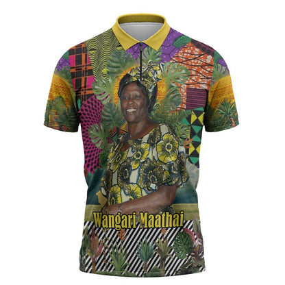 Wangari Maathai Zipper Polo Shirt Colorful Nature-Inspired Design Empowerment Quote African Print Environmental - African Pride