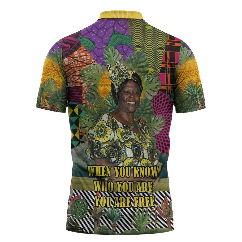 Wangari Maathai Zipper Polo Shirt Colorful Nature-Inspired Design Empowerment Quote African Print Environmental - African Pride