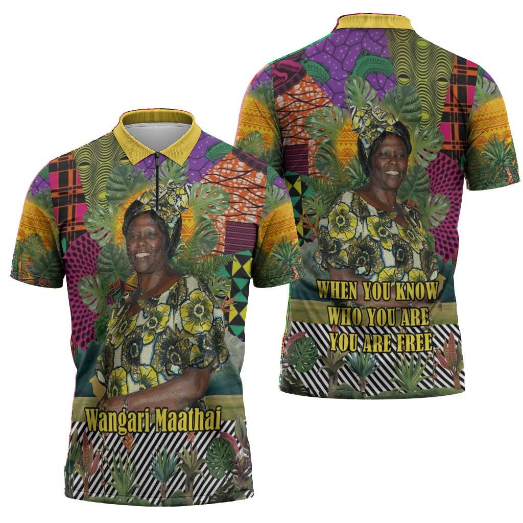 Wangari Maathai Zipper Polo Shirt Colorful Nature-Inspired Design Empowerment Quote African Print Environmental - African Pride