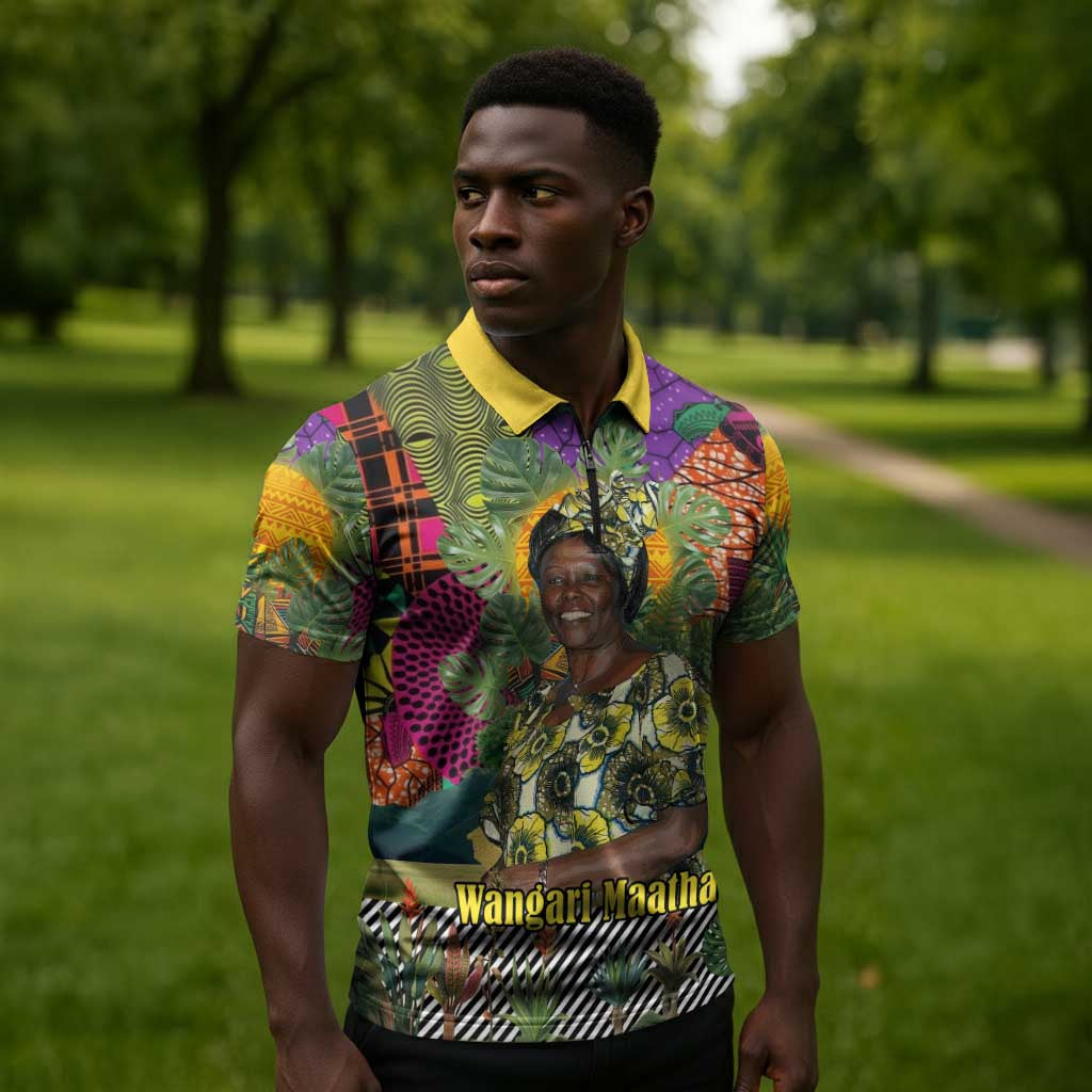 Wangari Maathai Zipper Polo Shirt Colorful Nature-Inspired Design Empowerment Quote African Print Environmental - African Pride