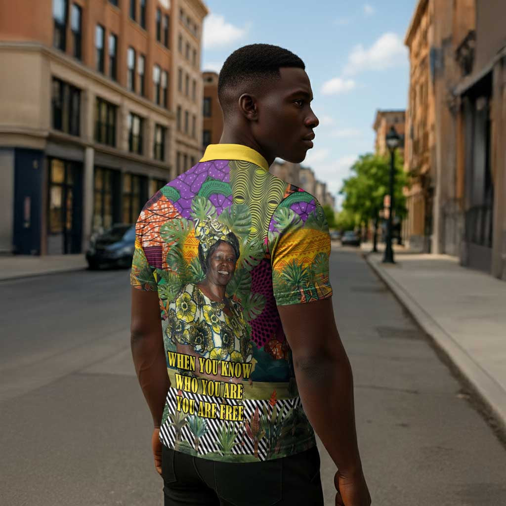 Wangari Maathai Zipper Polo Shirt Colorful Nature-Inspired Design Empowerment Quote African Print Environmental - African Pride