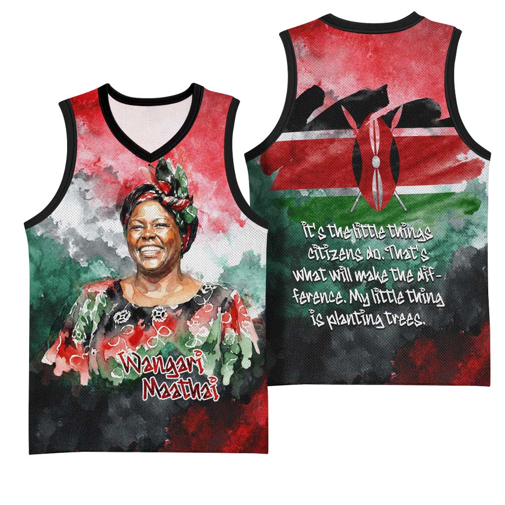 Wangari Maathai Basketball Jersey Kenyan Flag Watercolor Style - Environmental Quote Planting Trees Tribute Eco-Activism - African Pride