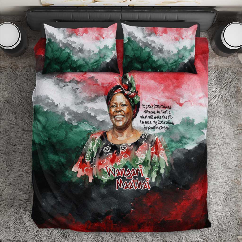 Wangari Maathai Bedding Set Kenyan Flag Watercolor Style - Environmental Quote Planting Trees Tribute Eco-Activism - African Pride