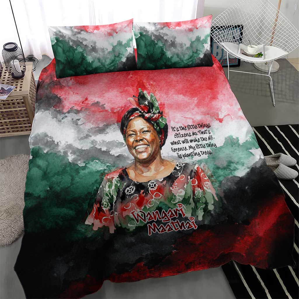 Wangari Maathai Bedding Set Kenyan Flag Watercolor Style - Environmental Quote Planting Trees Tribute Eco-Activism - African Pride