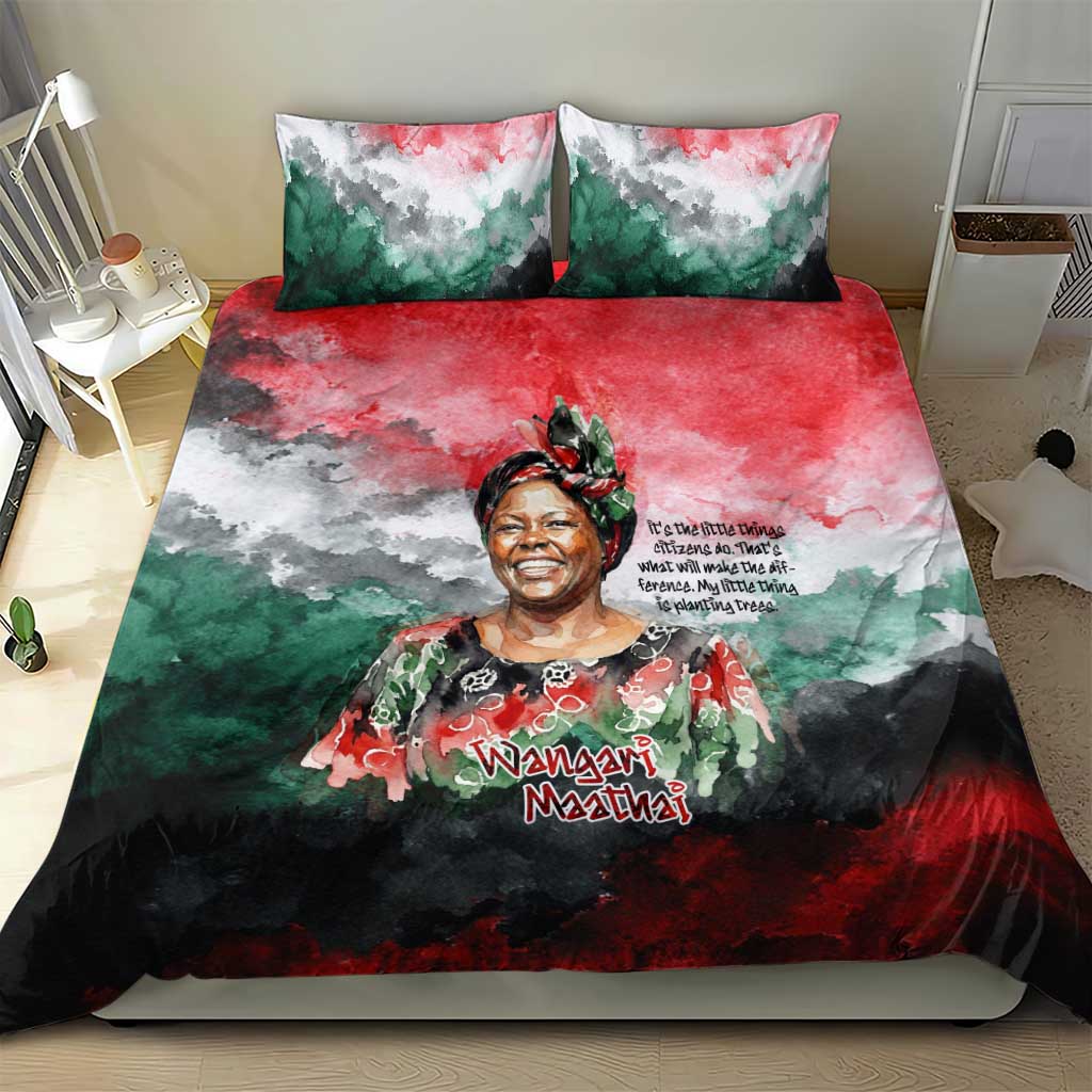 Wangari Maathai Bedding Set Kenyan Flag Watercolor Style - Environmental Quote Planting Trees Tribute Eco-Activism - African Pride