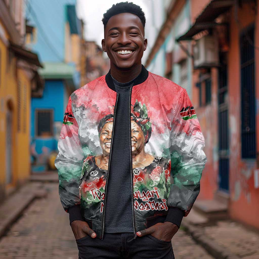 Wangari Maathai Bomber Jacket Kenyan Flag Watercolor Style - Environmental Quote Planting Trees Tribute Eco-Activism - African Pride