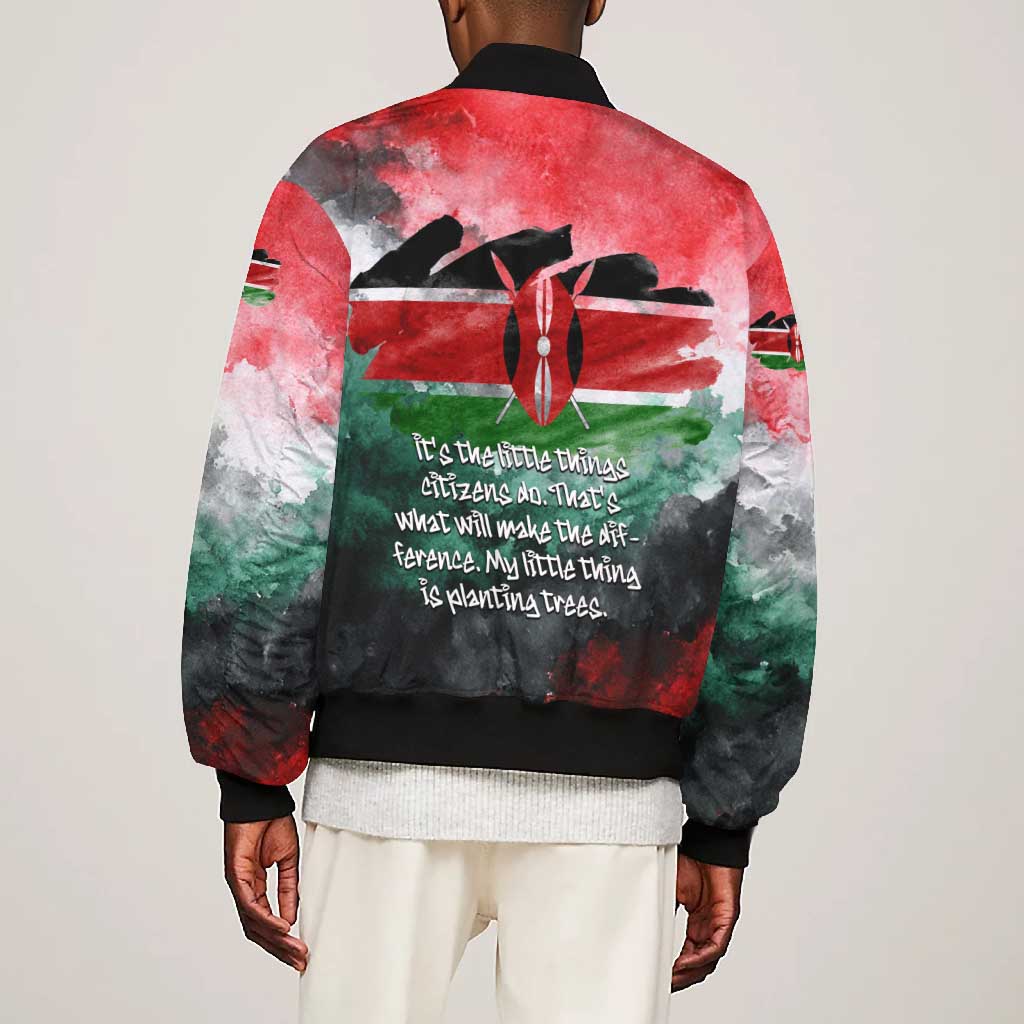 Wangari Maathai Bomber Jacket Kenyan Flag Watercolor Style - Environmental Quote Planting Trees Tribute Eco-Activism - African Pride