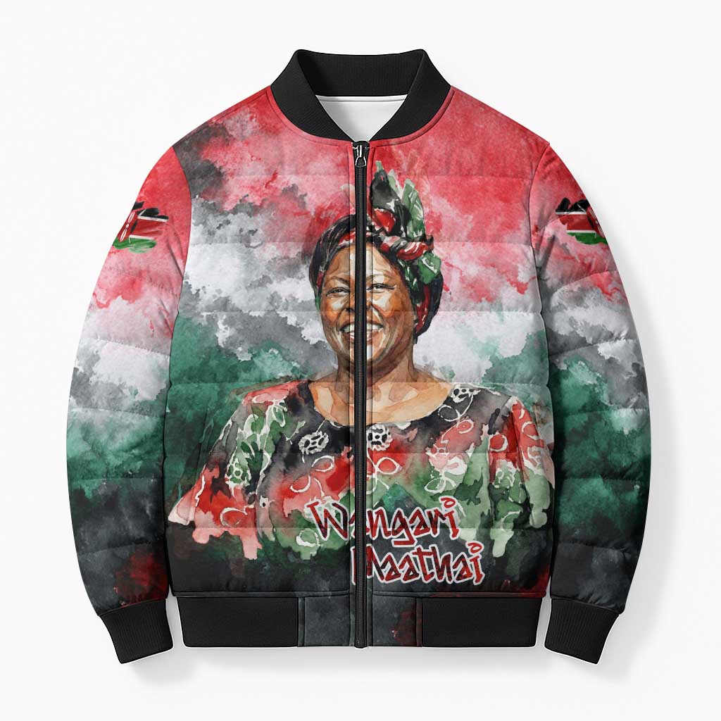 Wangari Maathai Bomber Puffer Jacket Kenyan Flag Watercolor Style - Environmental Quote Planting Trees Tribute Eco-Activism - African Pride