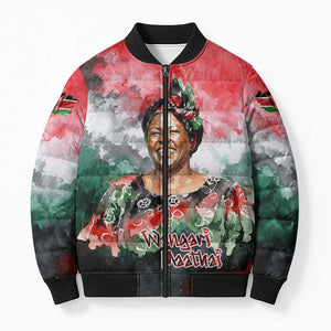 Wangari Maathai Bomber Puffer Jacket Kenyan Flag Watercolor Style - Environmental Quote Planting Trees Tribute Eco-Activism - African Pride