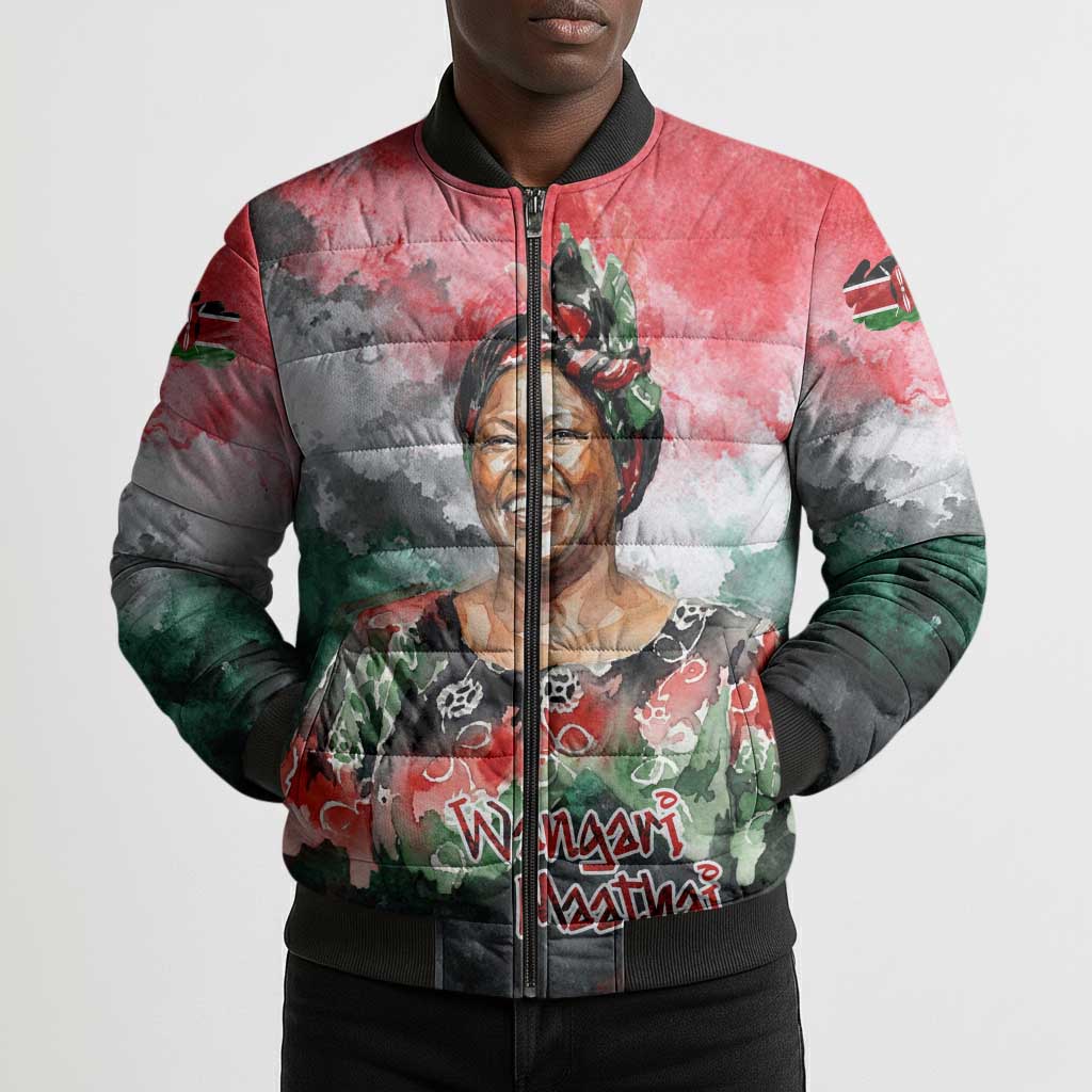Wangari Maathai Bomber Puffer Jacket Kenyan Flag Watercolor Style - Environmental Quote Planting Trees Tribute Eco-Activism - African Pride