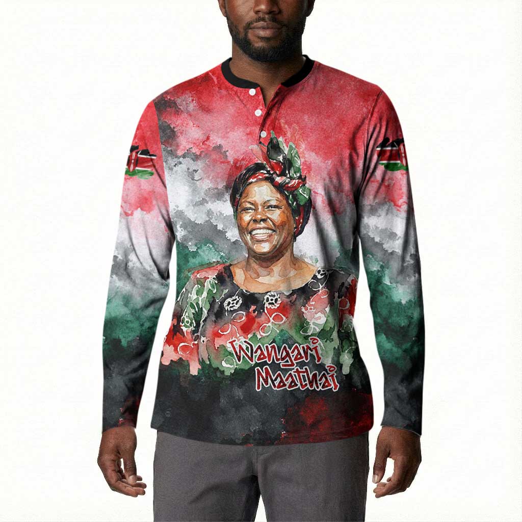 Wangari Maathai Button Sweatshirt Kenyan Flag Watercolor Style - Environmental Quote Planting Trees Tribute Eco-Activism