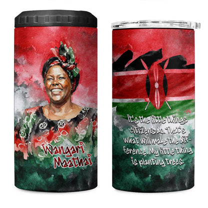 Wangari Maathai 4 in 1 Can Cooler Tumbler Kenyan Flag Watercolor Style - Environmental Quote Planting Trees Tribute Eco-Activism - African Pride