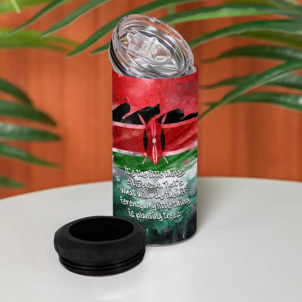 Wangari Maathai 4 in 1 Can Cooler Tumbler Kenyan Flag Watercolor Style - Environmental Quote Planting Trees Tribute Eco-Activism - African Pride