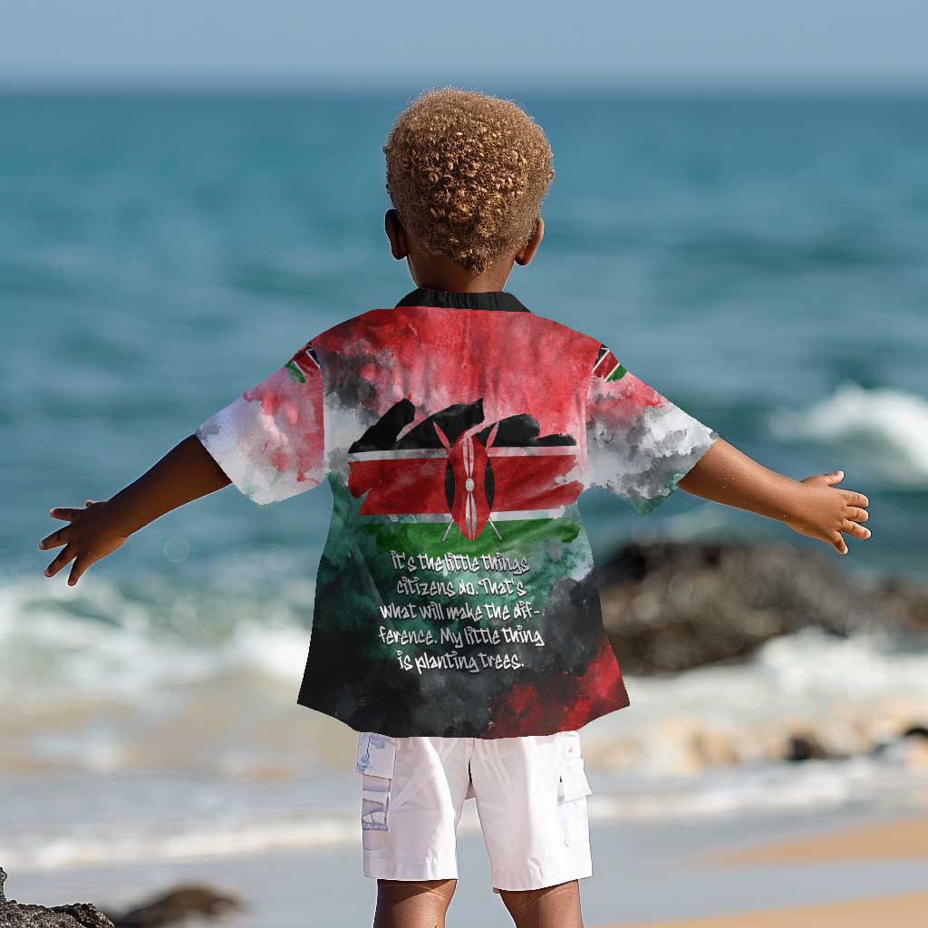Wangari Maathai Kid Hawaiian Shirt Kenyan Flag Watercolor Style - Environmental Quote Planting Trees Tribute Eco-Activism - African Pride