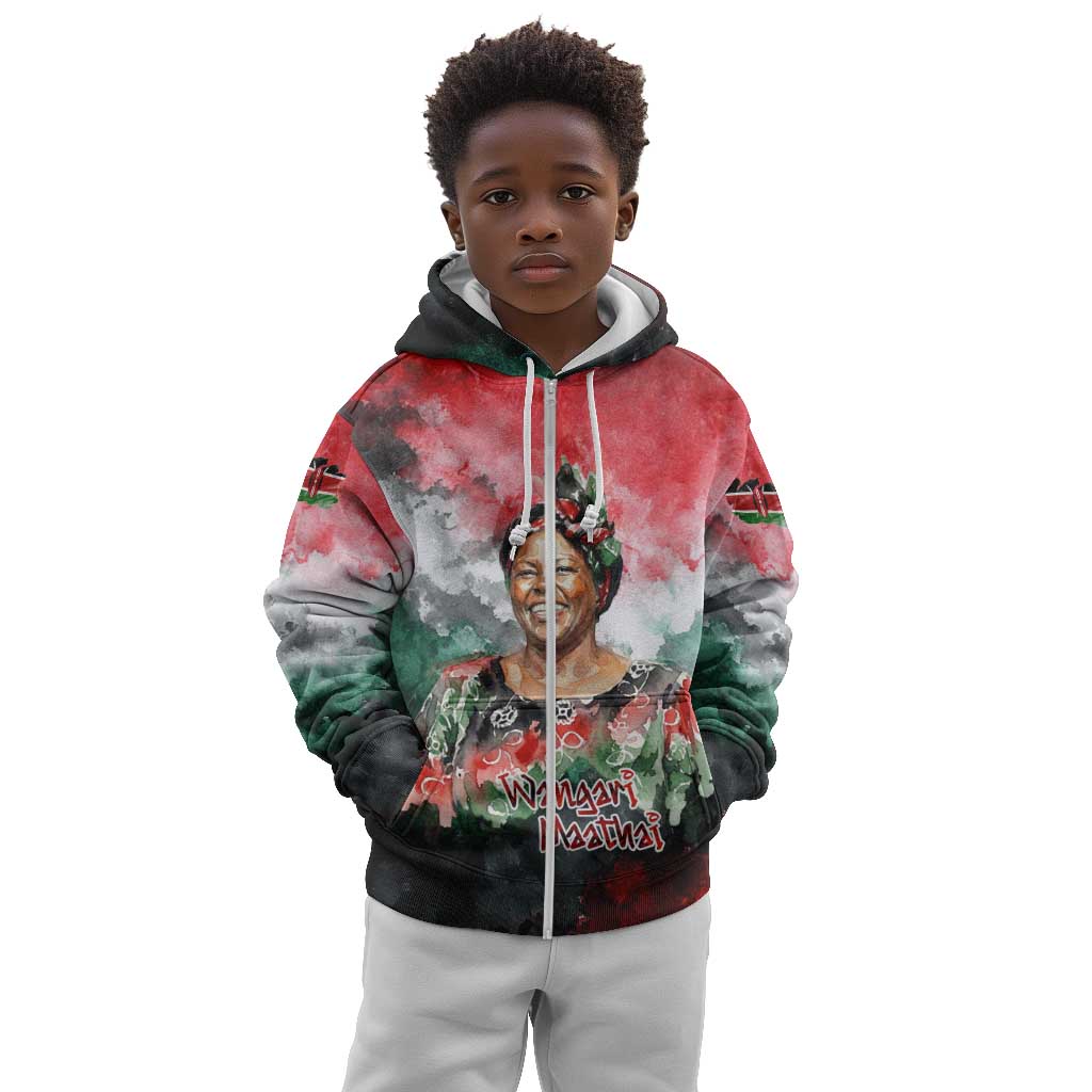 Wangari Maathai Kid Hoodie Kenyan Flag Watercolor Style - Environmental Quote Planting Trees Tribute Eco-Activism - African Pride