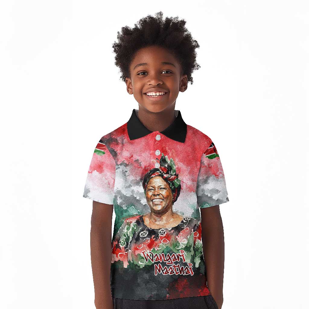 Wangari Maathai Kid Polo Shirt Kenyan Flag Watercolor Style - Environmental Quote Planting Trees Tribute Eco-Activism - African Pride