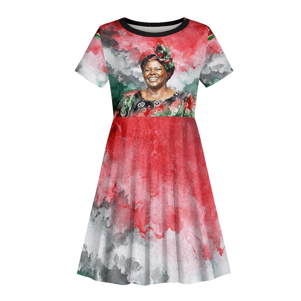 Wangari Maathai Kid Short Sleeve Dress Kenyan Flag Watercolor Style - Environmental Quote Planting Trees Tribute Eco-Activism - African Pride