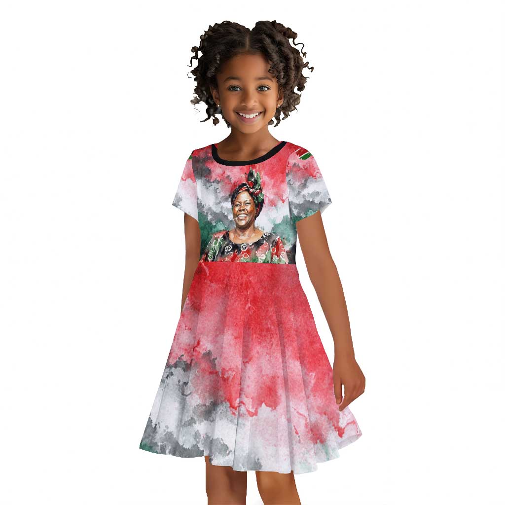 Wangari Maathai Kid Short Sleeve Dress Kenyan Flag Watercolor Style - Environmental Quote Planting Trees Tribute Eco-Activism - African Pride