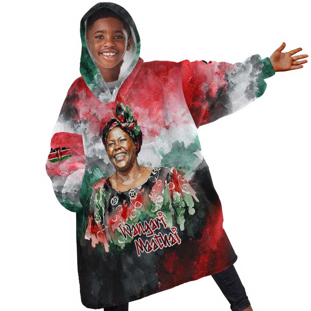 Wangari Maathai Kid Wearable Blanket Hoodie Kenyan Flag Watercolor Style - Environmental Quote Planting Trees Tribute Eco-Activism - African Pride
