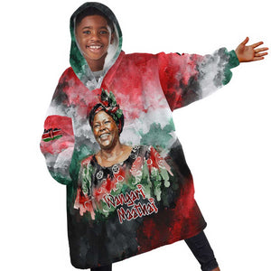 Wangari Maathai Kid Wearable Blanket Hoodie Kenyan Flag Watercolor Style - Environmental Quote Planting Trees Tribute Eco-Activism - African Pride