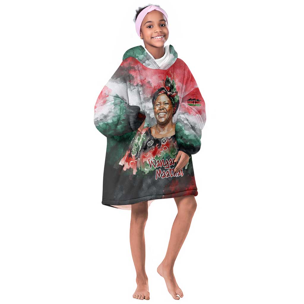 Wangari Maathai Kid Wearable Blanket Hoodie Kenyan Flag Watercolor Style - Environmental Quote Planting Trees Tribute Eco-Activism - African Pride