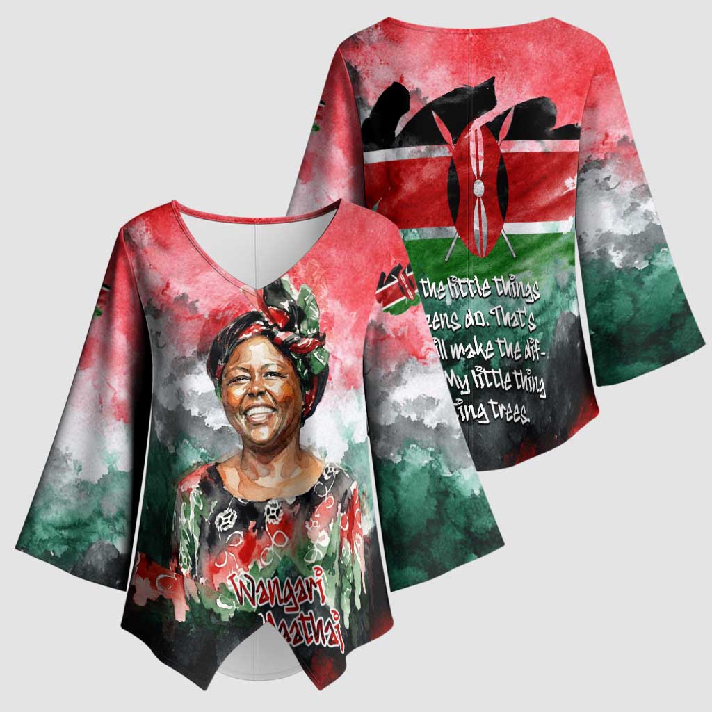 Wangari Maathai Kimono Sleeve Blouse Kenyan Flag Watercolor Style - Environmental Quote Planting Trees Tribute Eco-Activism - African Pride