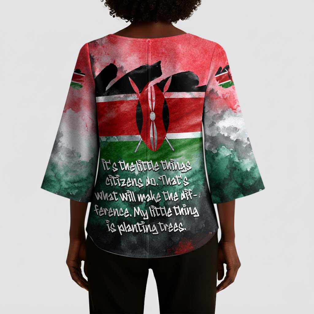 Wangari Maathai Kimono Sleeve Blouse Kenyan Flag Watercolor Style - Environmental Quote Planting Trees Tribute Eco-Activism - African Pride