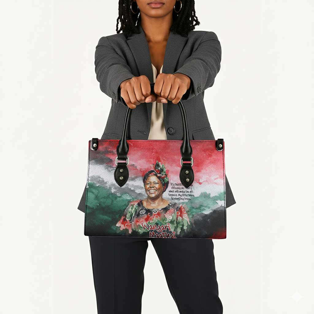Wangari Maathai Leather Bag Kenyan Flag Watercolor Style - Environmental Quote Planting Trees Tribute Eco-Activism - African Pride