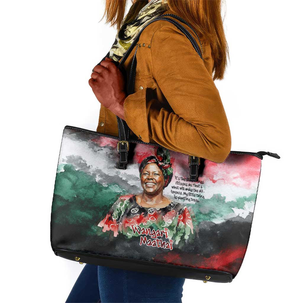 Wangari Maathai Leather Tote Bag Kenyan Flag Watercolor Style - Environmental Quote Planting Trees Tribute Eco-Activism - African Pride
