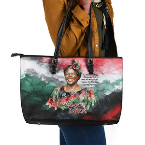 Wangari Maathai Leather Tote Bag Kenyan Flag Watercolor Style - Environmental Quote Planting Trees Tribute Eco-Activism - African Pride