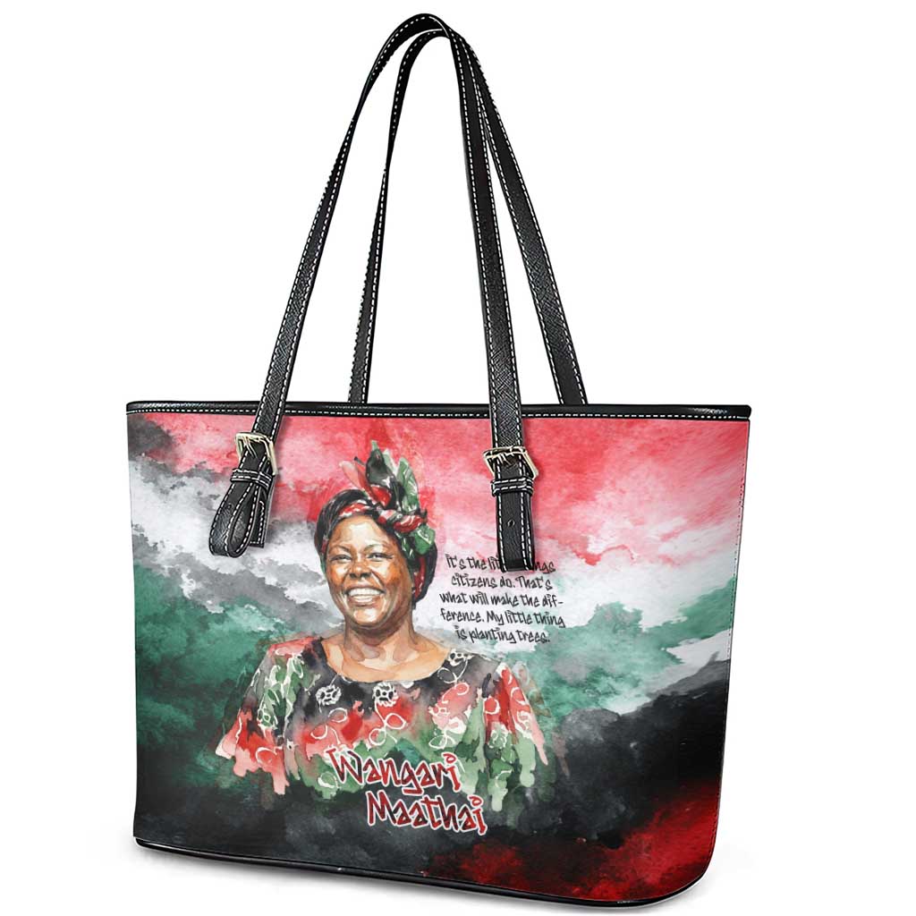 Wangari Maathai Leather Tote Bag Kenyan Flag Watercolor Style - Environmental Quote Planting Trees Tribute Eco-Activism - African Pride