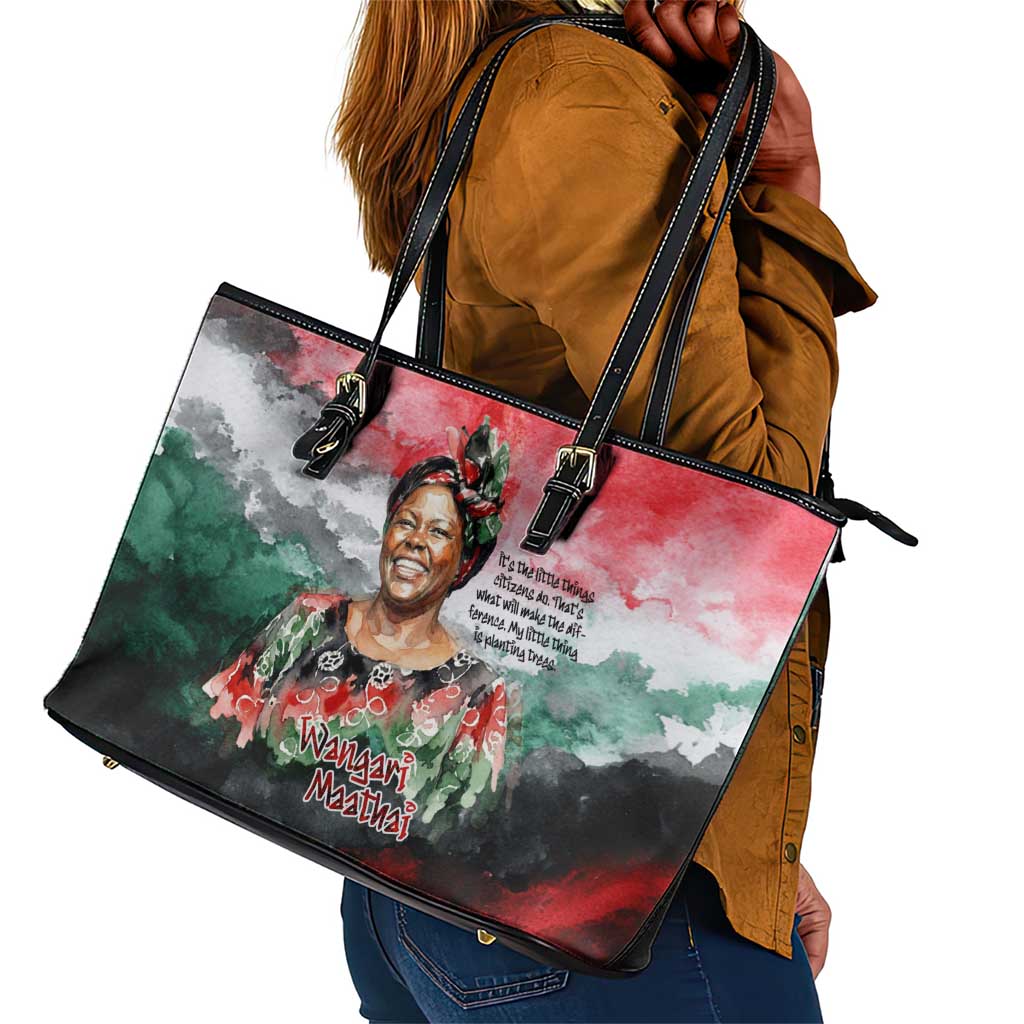 Wangari Maathai Leather Tote Bag Kenyan Flag Watercolor Style - Environmental Quote Planting Trees Tribute Eco-Activism - African Pride