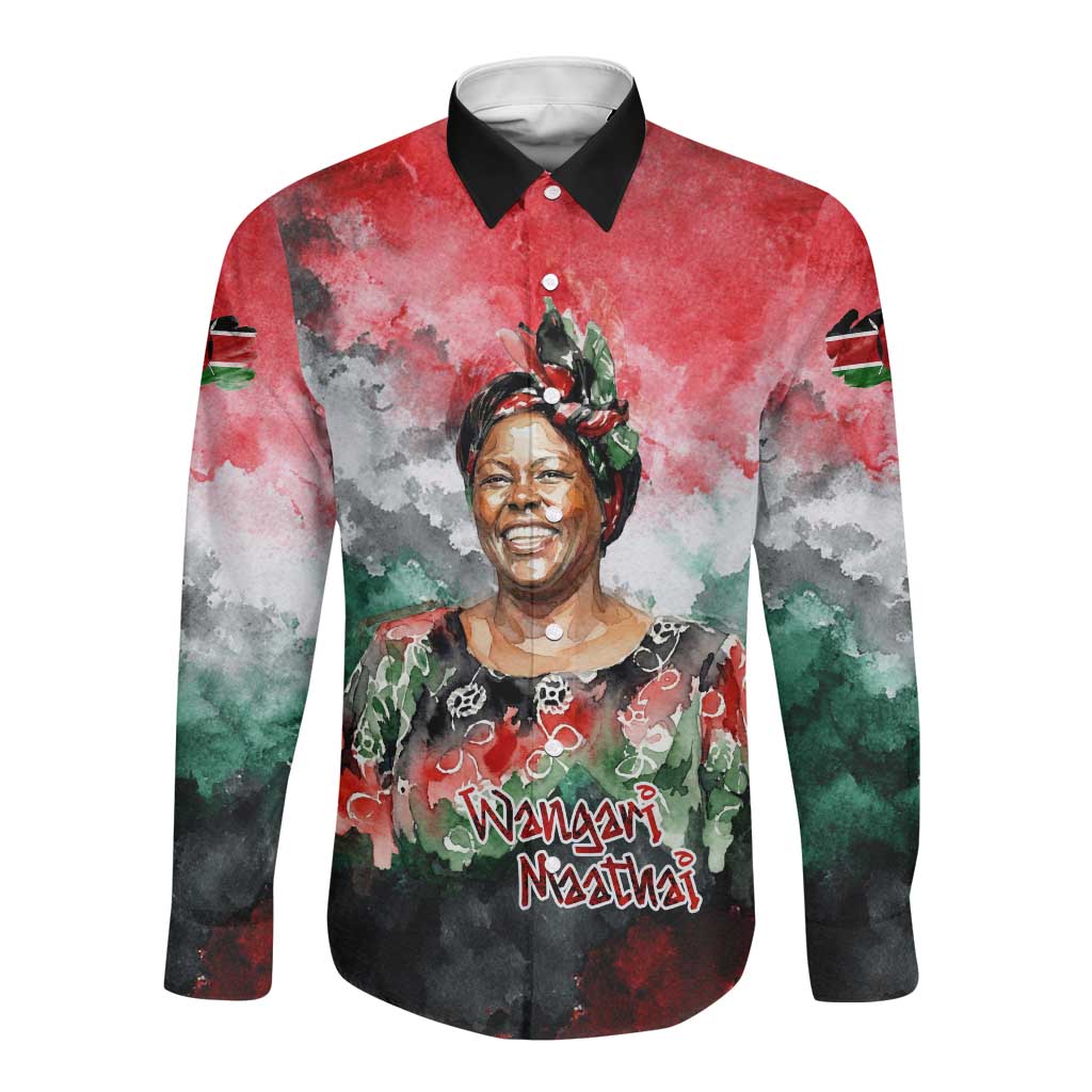 Wangari Maathai Long Sleeve Button Shirt Kenyan Flag Watercolor Style - Environmental Quote Planting Trees Tribute Eco-Activism - African Pride