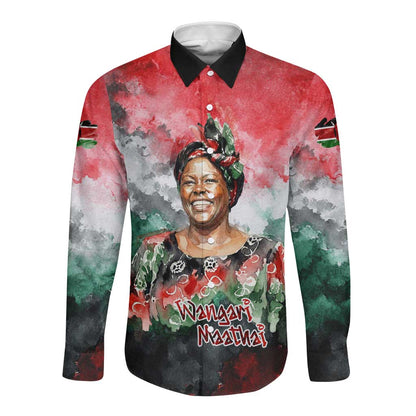 Wangari Maathai Long Sleeve Button Shirt Kenyan Flag Watercolor Style - Environmental Quote Planting Trees Tribute Eco-Activism - African Pride