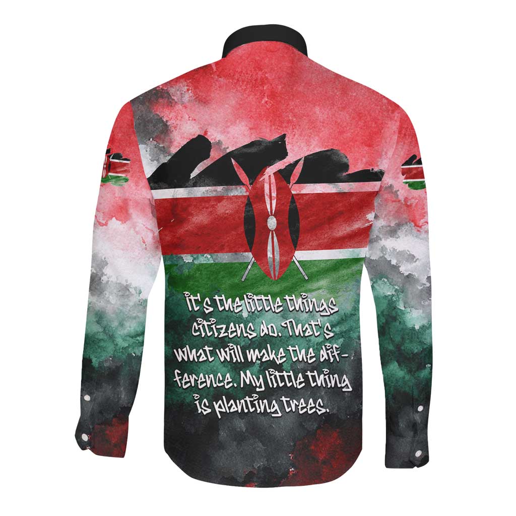 Wangari Maathai Long Sleeve Button Shirt Kenyan Flag Watercolor Style - Environmental Quote Planting Trees Tribute Eco-Activism - African Pride