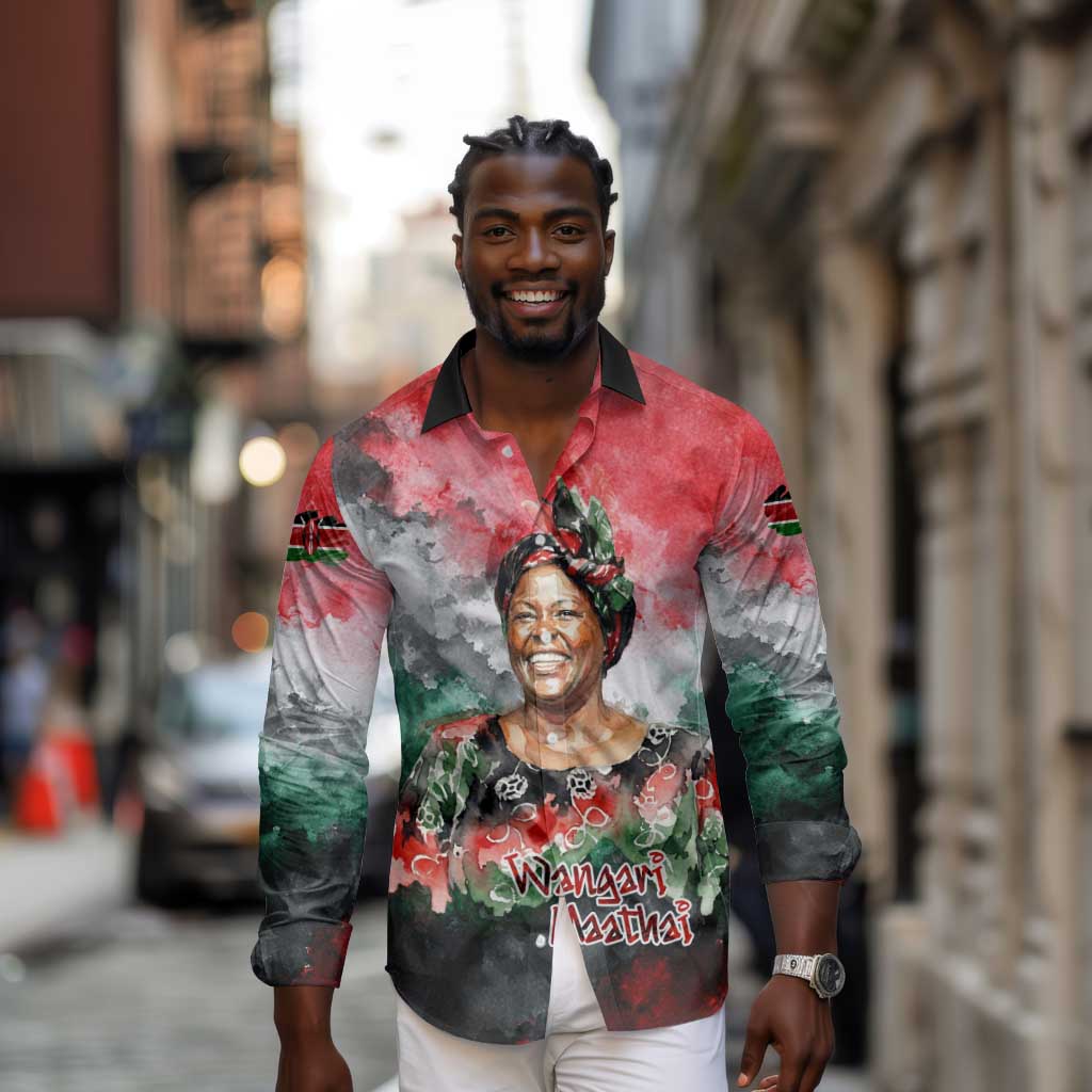 Wangari Maathai Long Sleeve Button Shirt Kenyan Flag Watercolor Style - Environmental Quote Planting Trees Tribute Eco-Activism - African Pride