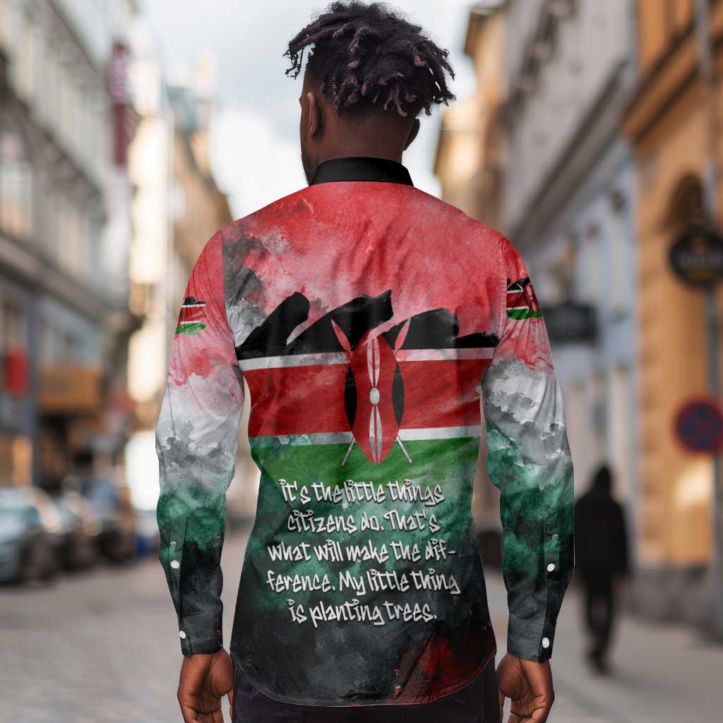 Wangari Maathai Long Sleeve Button Shirt Kenyan Flag Watercolor Style - Environmental Quote Planting Trees Tribute Eco-Activism - African Pride