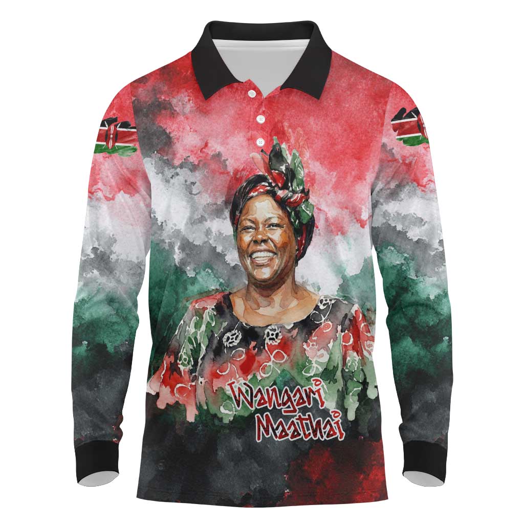 Wangari Maathai Long Sleeve Polo Shirt Kenyan Flag Watercolor Style - Environmental Quote Planting Trees Tribute Eco-Activism - African Pride