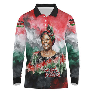 Wangari Maathai Long Sleeve Polo Shirt Kenyan Flag Watercolor Style - Environmental Quote Planting Trees Tribute Eco-Activism - African Pride