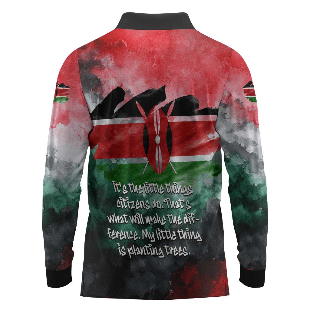 Wangari Maathai Long Sleeve Polo Shirt Kenyan Flag Watercolor Style - Environmental Quote Planting Trees Tribute Eco-Activism - African Pride