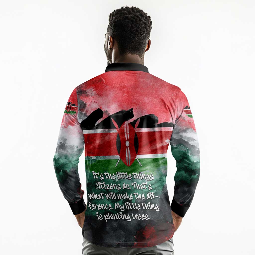 Wangari Maathai Long Sleeve Polo Shirt Kenyan Flag Watercolor Style - Environmental Quote Planting Trees Tribute Eco-Activism - African Pride