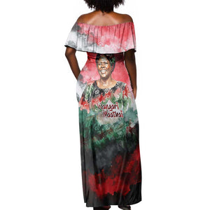 Wangari Maathai Off Shoulder Maxi Dress Kenyan Flag Watercolor Style - Environmental Quote Planting Trees Tribute Eco-Activism - African Pride