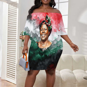 Wangari Maathai Off Shoulder Short Dress Kenyan Flag Watercolor Style - Environmental Quote Planting Trees Tribute Eco-Activism - African Pride
