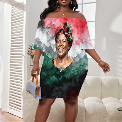 Wangari Maathai Off Shoulder Short Dress Kenyan Flag Watercolor Style - Environmental Quote Planting Trees Tribute Eco-Activism - African Pride