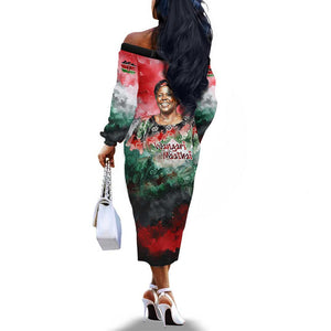Wangari Maathai Off The Shoulder Long Sleeve Dress Kenyan Flag Watercolor Style - Environmental Quote Planting Trees Tribute Eco-Activism - African Pride