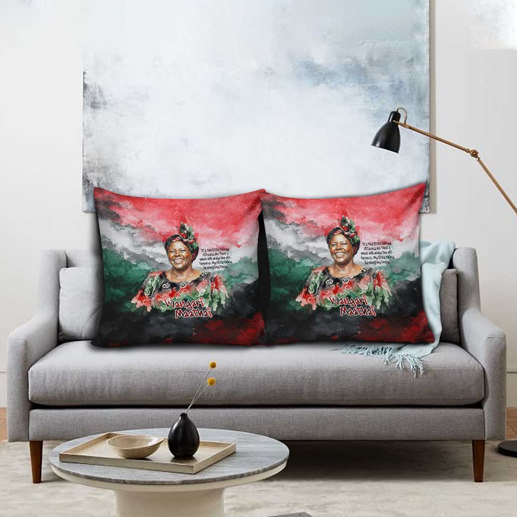 Wangari Maathai Pillow Cover Kenyan Flag Watercolor Style - Environmental Quote Planting Trees Tribute Eco-Activism - African Pride
