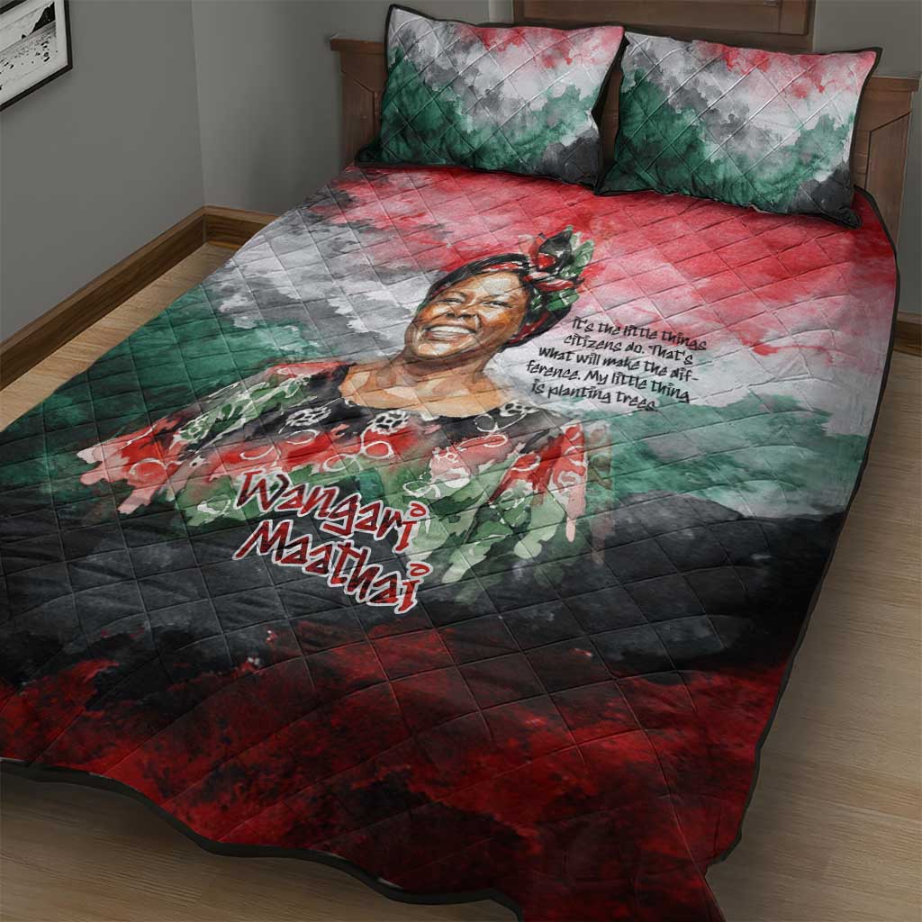 Wangari Maathai Quilt Bed Set Kenyan Flag Watercolor Style - Environmental Quote Planting Trees Tribute Eco-Activism - African Pride