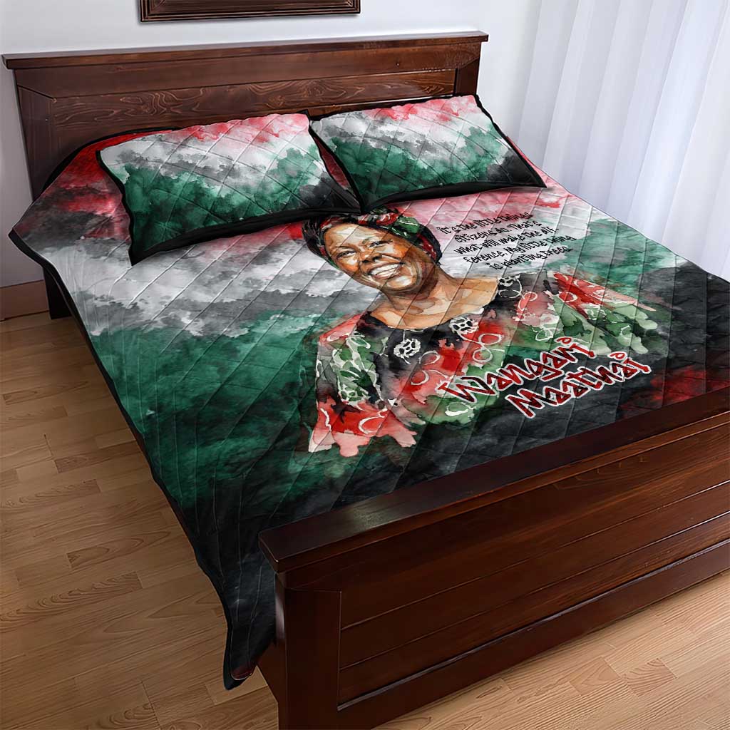 Wangari Maathai Quilt Bed Set Kenyan Flag Watercolor Style - Environmental Quote Planting Trees Tribute Eco-Activism - African Pride